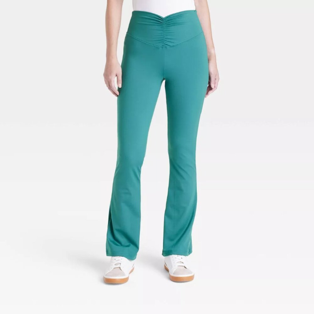 A New Day Women's Dark Green M High Waisted Flare Leggings with Ruched Waistband